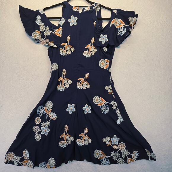 JOA Los Angeles Embroidered Floral Cold Shoulder Dress Womens M Navy Blue NWT* - Picture 8 of 14